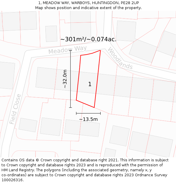 1, MEADOW WAY, WARBOYS, HUNTINGDON, PE28 2UP: Plot and title map