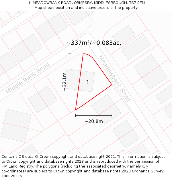 1, MEADOWBANK ROAD, ORMESBY, MIDDLESBROUGH, TS7 9EN: Plot and title map