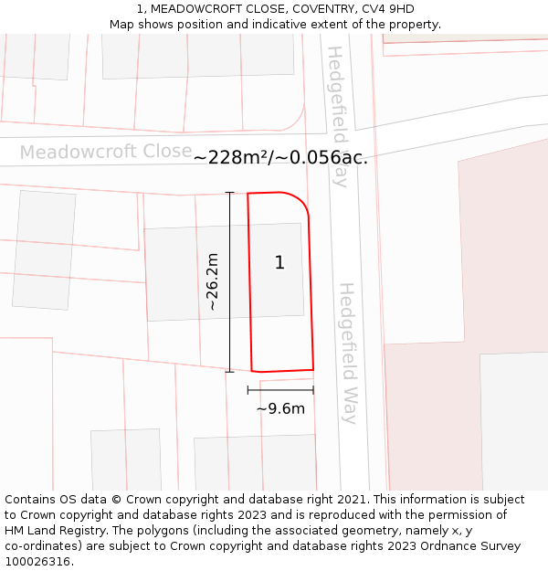 1, MEADOWCROFT CLOSE, COVENTRY, CV4 9HD: Plot and title map