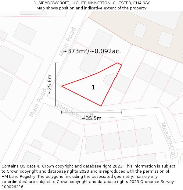 1, MEADOWCROFT, HIGHER KINNERTON, CHESTER, CH4 9AY: Plot and title map