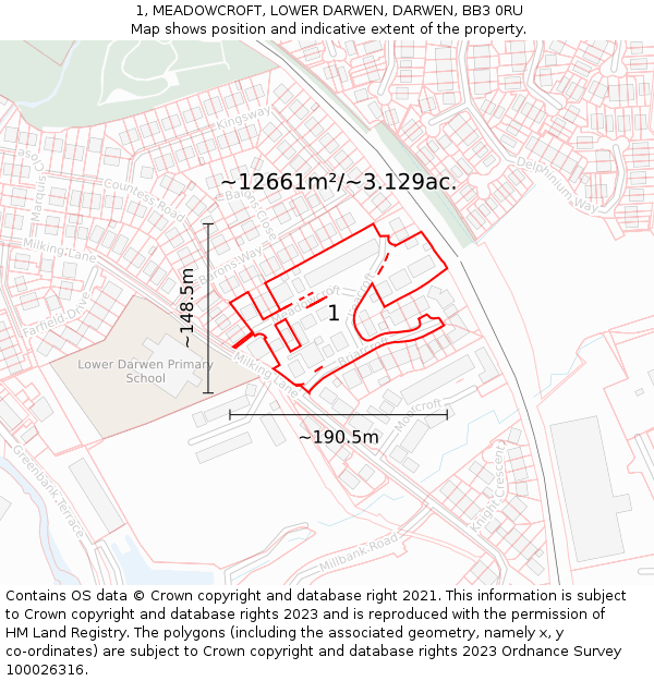 1, MEADOWCROFT, LOWER DARWEN, DARWEN, BB3 0RU: Plot and title map