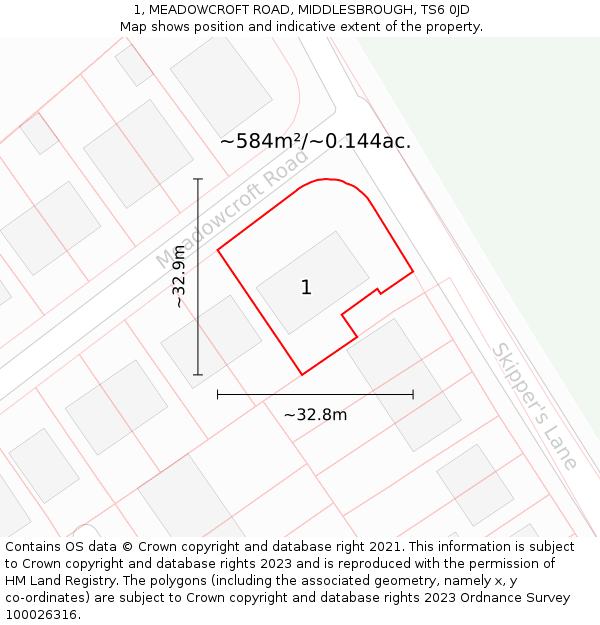 1, MEADOWCROFT ROAD, MIDDLESBROUGH, TS6 0JD: Plot and title map