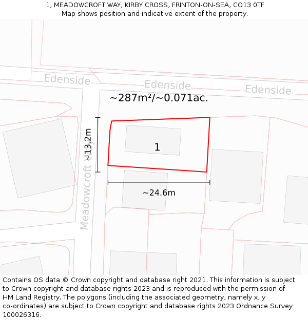 1, MEADOWCROFT WAY, KIRBY CROSS, FRINTON-ON-SEA, CO13 0TF: Plot and title map