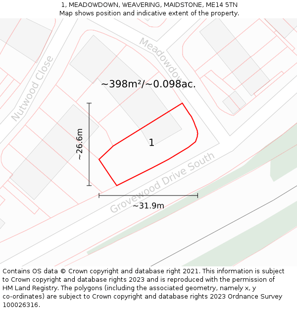1, MEADOWDOWN, WEAVERING, MAIDSTONE, ME14 5TN: Plot and title map
