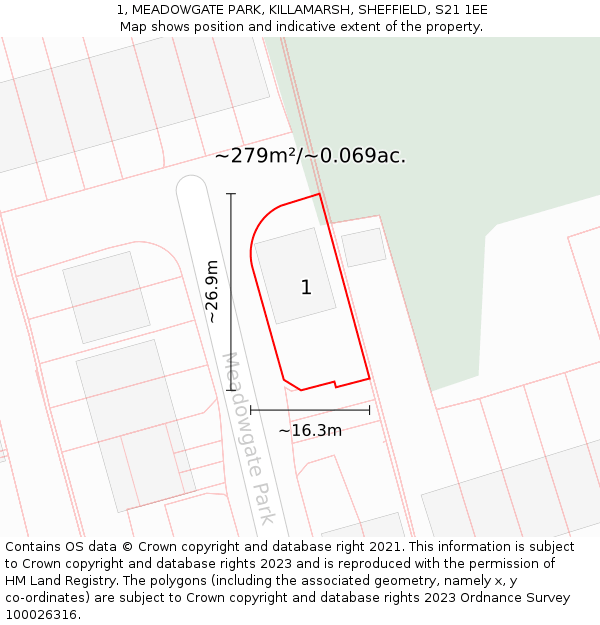 1, MEADOWGATE PARK, KILLAMARSH, SHEFFIELD, S21 1EE: Plot and title map