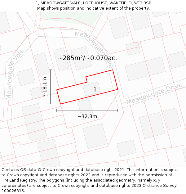 1, MEADOWGATE VALE, LOFTHOUSE, WAKEFIELD, WF3 3SP: Plot and title map