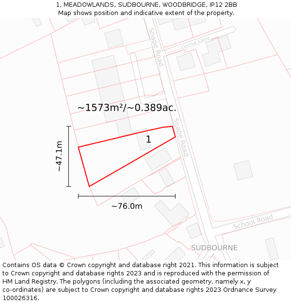 1, MEADOWLANDS, SUDBOURNE, WOODBRIDGE, IP12 2BB: Plot and title map