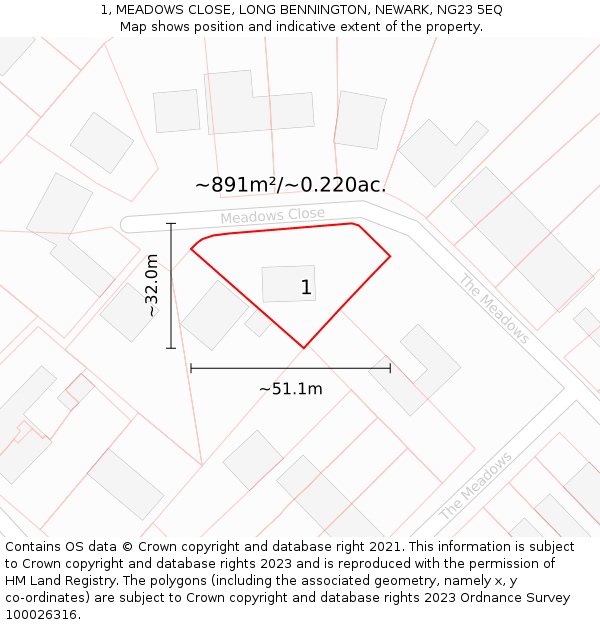 1, MEADOWS CLOSE, LONG BENNINGTON, NEWARK, NG23 5EQ: Plot and title map