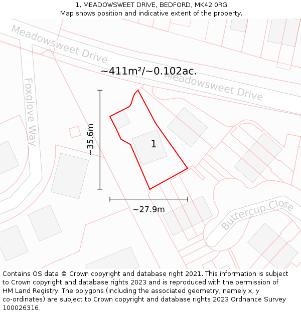 1, MEADOWSWEET DRIVE, BEDFORD, MK42 0RG: Plot and title map