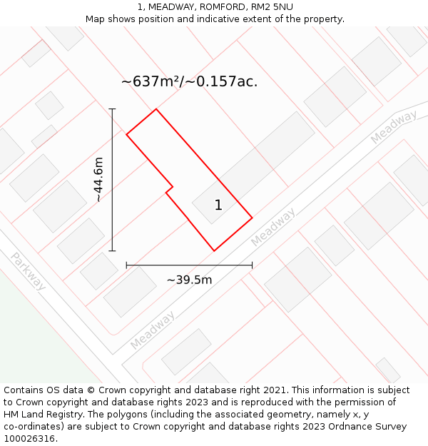 1, MEADWAY, ROMFORD, RM2 5NU: Plot and title map