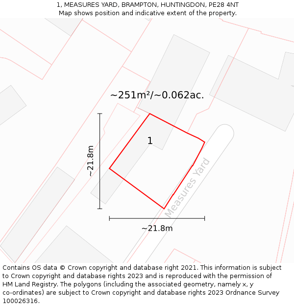 1, MEASURES YARD, BRAMPTON, HUNTINGDON, PE28 4NT: Plot and title map