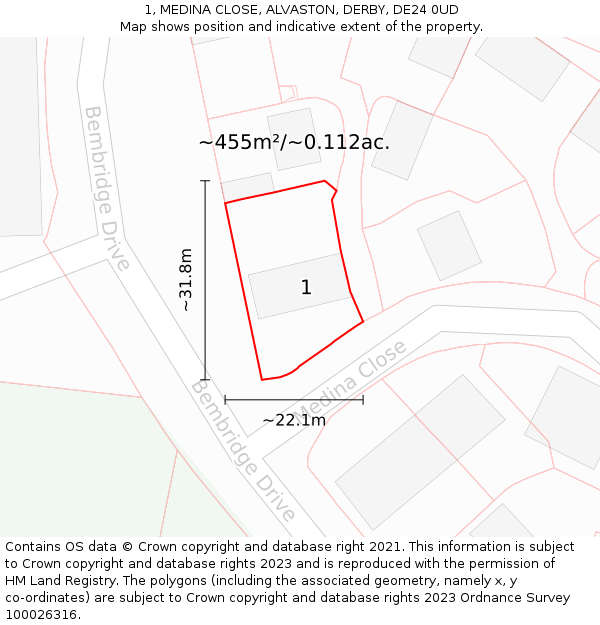 1, MEDINA CLOSE, ALVASTON, DERBY, DE24 0UD: Plot and title map