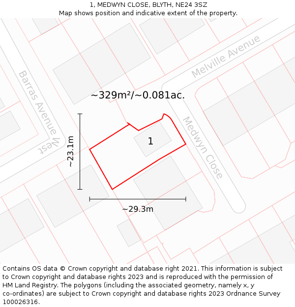 1, MEDWYN CLOSE, BLYTH, NE24 3SZ: Plot and title map