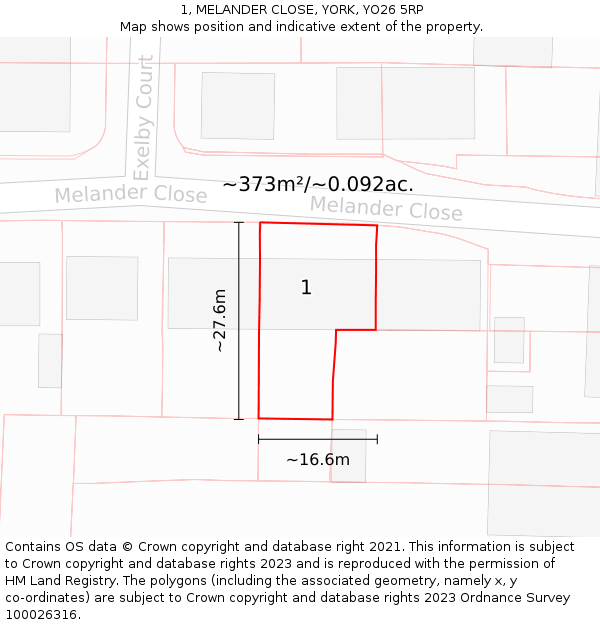 1, MELANDER CLOSE, YORK, YO26 5RP: Plot and title map