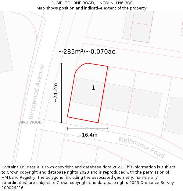 1, MELBOURNE ROAD, LINCOLN, LN6 3QF: Plot and title map