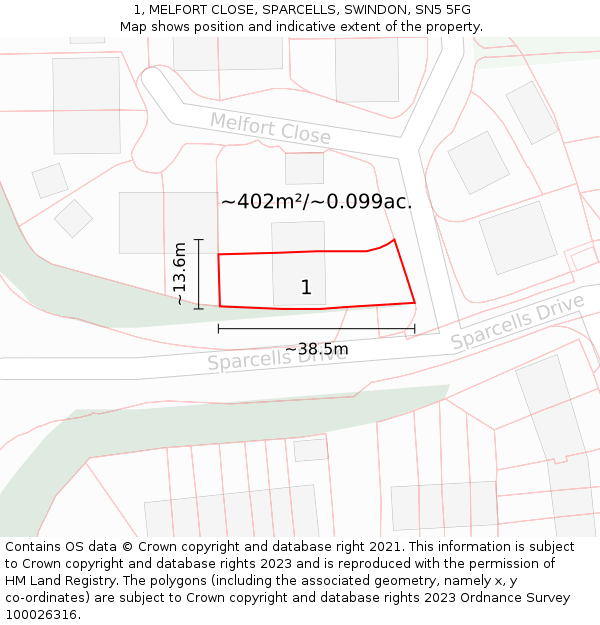1, MELFORT CLOSE, SPARCELLS, SWINDON, SN5 5FG: Plot and title map
