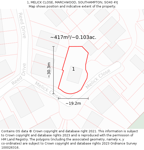 1, MELICK CLOSE, MARCHWOOD, SOUTHAMPTON, SO40 4YJ: Plot and title map