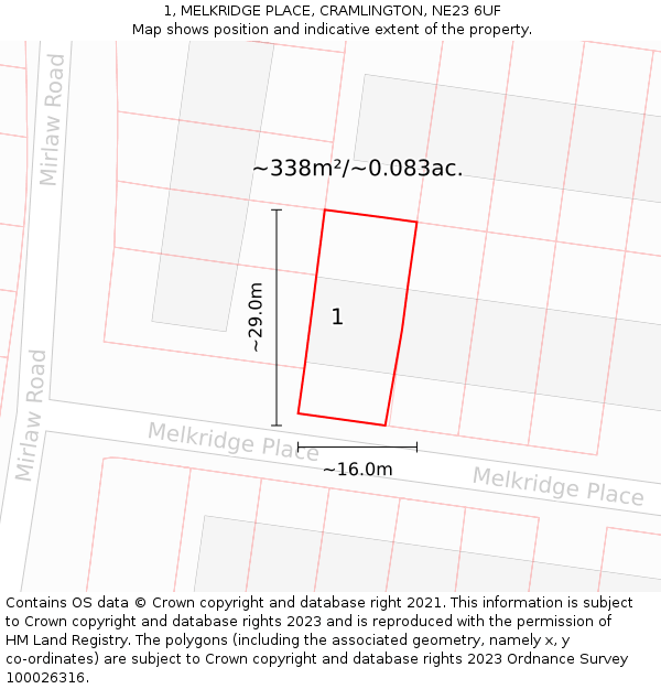 1, MELKRIDGE PLACE, CRAMLINGTON, NE23 6UF: Plot and title map