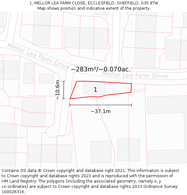 1, MELLOR LEA FARM CLOSE, ECCLESFIELD, SHEFFIELD, S35 9TW: Plot and title map