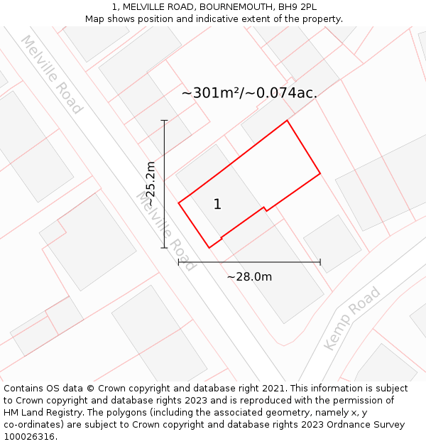 1, MELVILLE ROAD, BOURNEMOUTH, BH9 2PL: Plot and title map
