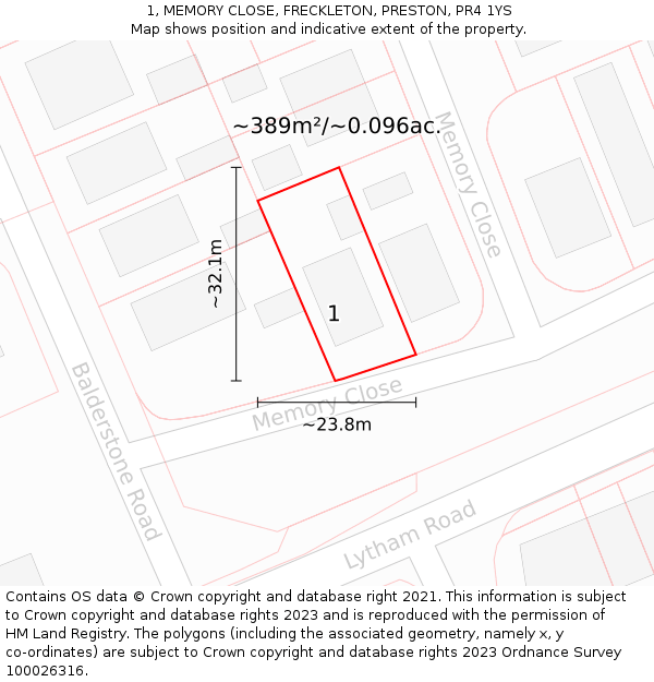 1, MEMORY CLOSE, FRECKLETON, PRESTON, PR4 1YS: Plot and title map