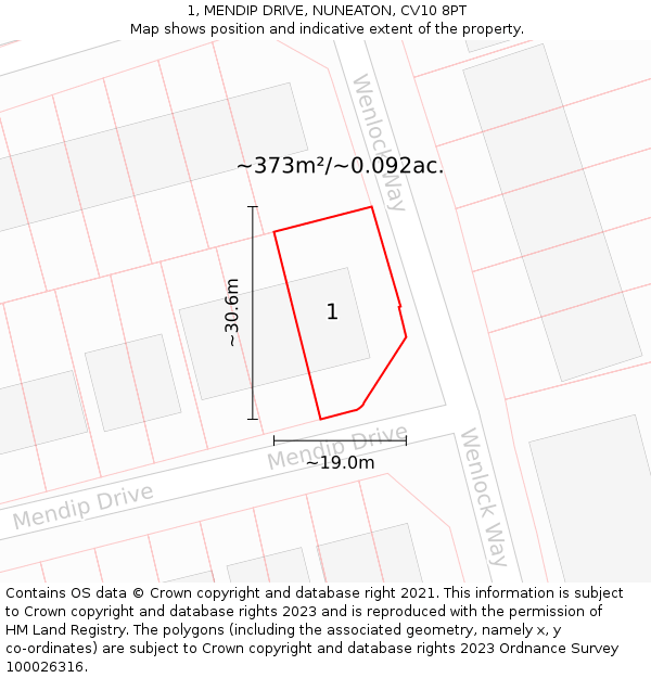 1, MENDIP DRIVE, NUNEATON, CV10 8PT: Plot and title map