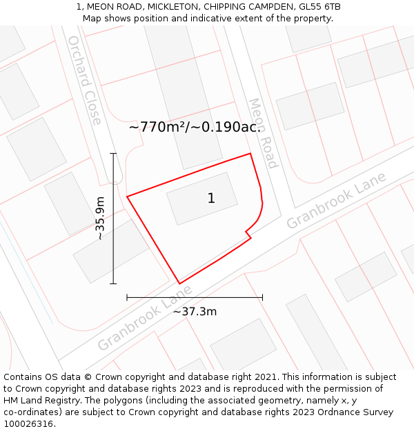 1, MEON ROAD, MICKLETON, CHIPPING CAMPDEN, GL55 6TB: Plot and title map