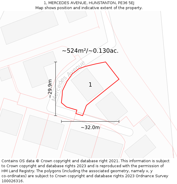 1, MERCEDES AVENUE, HUNSTANTON, PE36 5EJ: Plot and title map