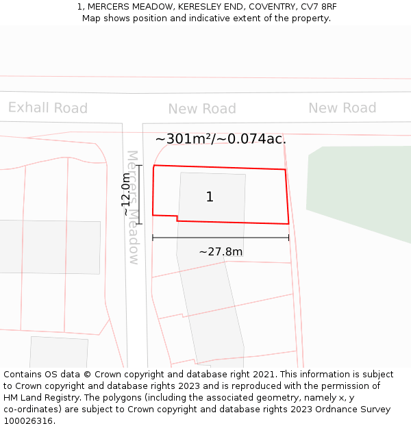 1, MERCERS MEADOW, KERESLEY END, COVENTRY, CV7 8RF: Plot and title map