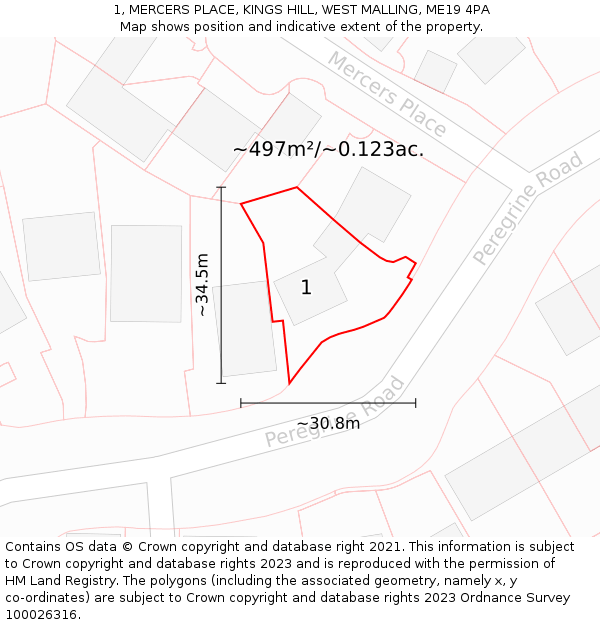 1, MERCERS PLACE, KINGS HILL, WEST MALLING, ME19 4PA: Plot and title map