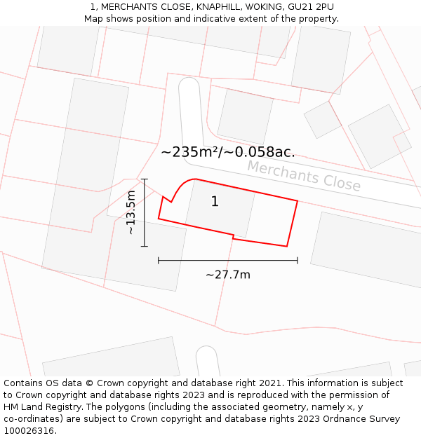 1, MERCHANTS CLOSE, KNAPHILL, WOKING, GU21 2PU: Plot and title map