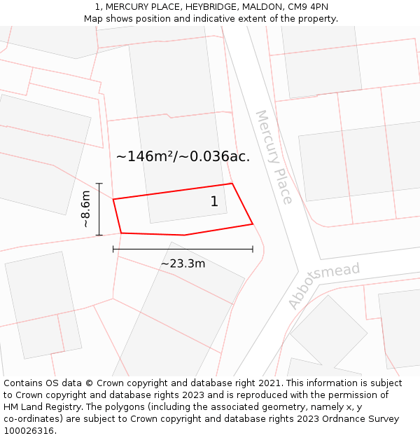 1, MERCURY PLACE, HEYBRIDGE, MALDON, CM9 4PN: Plot and title map