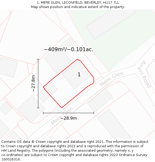 1, MERE GLEN, LECONFIELD, BEVERLEY, HU17 7LL: Plot and title map