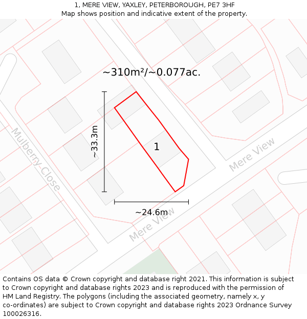 1, MERE VIEW, YAXLEY, PETERBOROUGH, PE7 3HF: Plot and title map