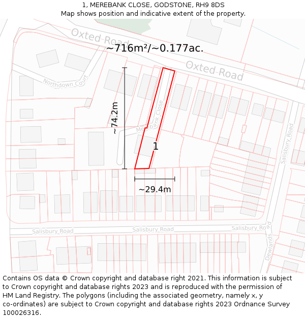 1, MEREBANK CLOSE, GODSTONE, RH9 8DS: Plot and title map