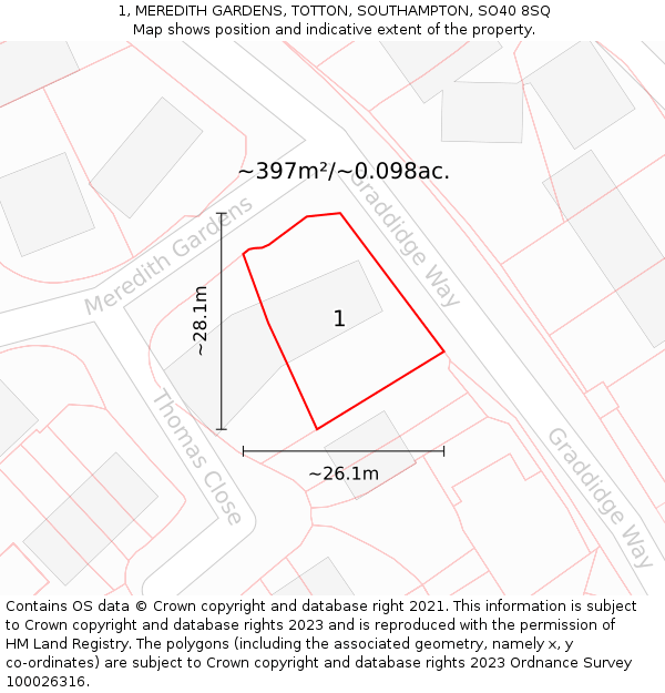 1, MEREDITH GARDENS, TOTTON, SOUTHAMPTON, SO40 8SQ: Plot and title map