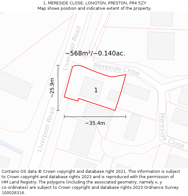 1, MERESIDE CLOSE, LONGTON, PRESTON, PR4 5ZY: Plot and title map