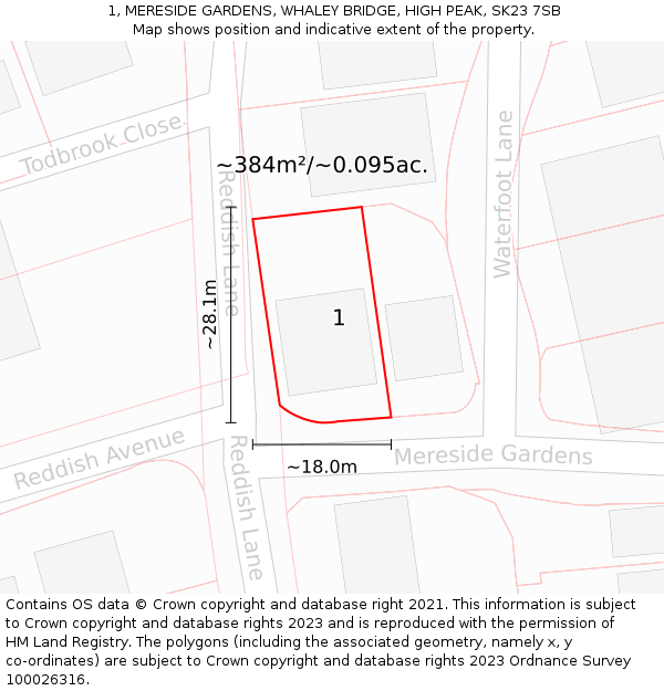1, MERESIDE GARDENS, WHALEY BRIDGE, HIGH PEAK, SK23 7SB: Plot and title map