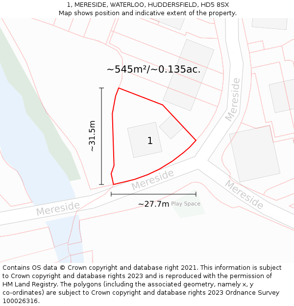 1, MERESIDE, WATERLOO, HUDDERSFIELD, HD5 8SX: Plot and title map