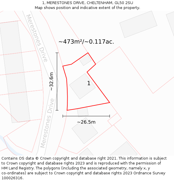 1, MERESTONES DRIVE, CHELTENHAM, GL50 2SU: Plot and title map