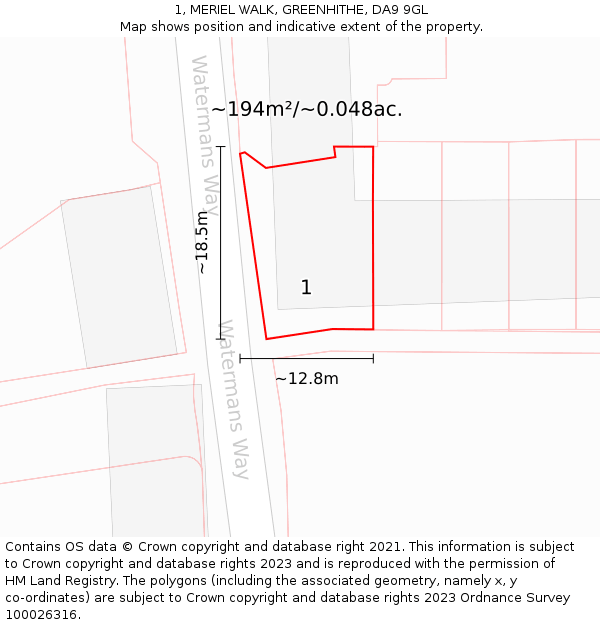 1, MERIEL WALK, GREENHITHE, DA9 9GL: Plot and title map