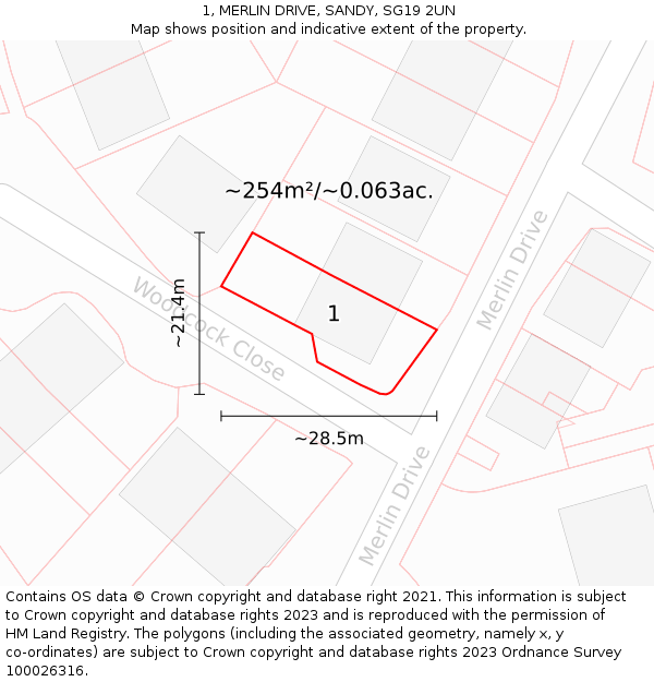 1, MERLIN DRIVE, SANDY, SG19 2UN: Plot and title map