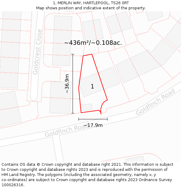 1, MERLIN WAY, HARTLEPOOL, TS26 0RT: Plot and title map