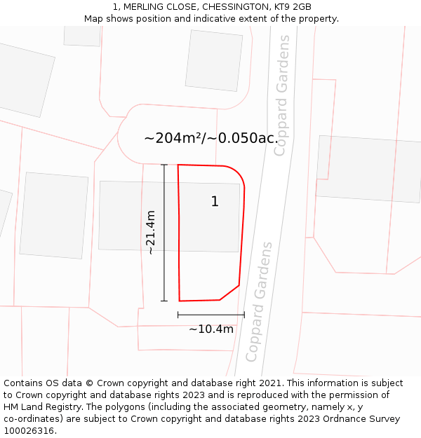 1, MERLING CLOSE, CHESSINGTON, KT9 2GB: Plot and title map