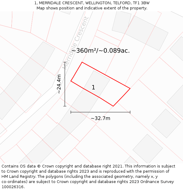 1, MERRIDALE CRESCENT, WELLINGTON, TELFORD, TF1 3BW: Plot and title map