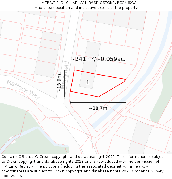 1, MERRYFIELD, CHINEHAM, BASINGSTOKE, RG24 8XW: Plot and title map