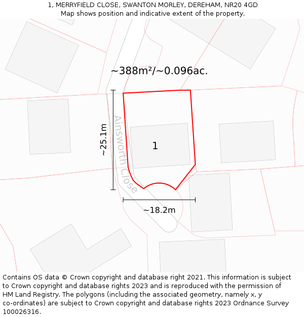 1, MERRYFIELD CLOSE, SWANTON MORLEY, DEREHAM, NR20 4GD: Plot and title map