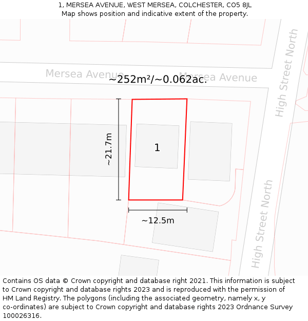 1, MERSEA AVENUE, WEST MERSEA, COLCHESTER, CO5 8JL: Plot and title map