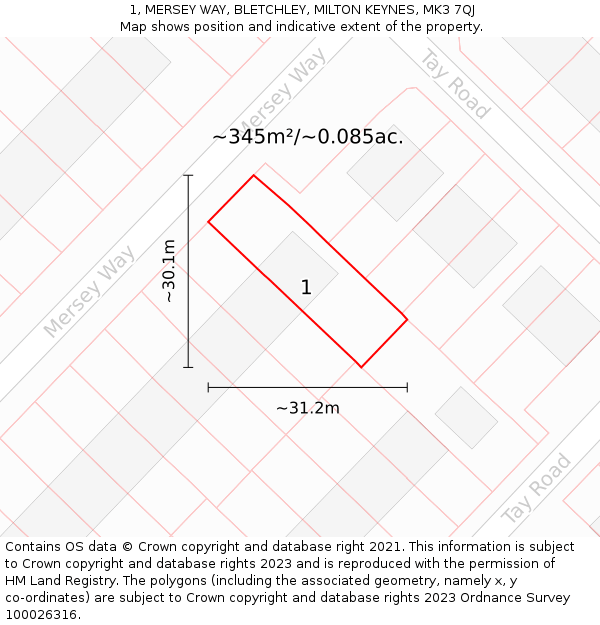 1, MERSEY WAY, BLETCHLEY, MILTON KEYNES, MK3 7QJ: Plot and title map
