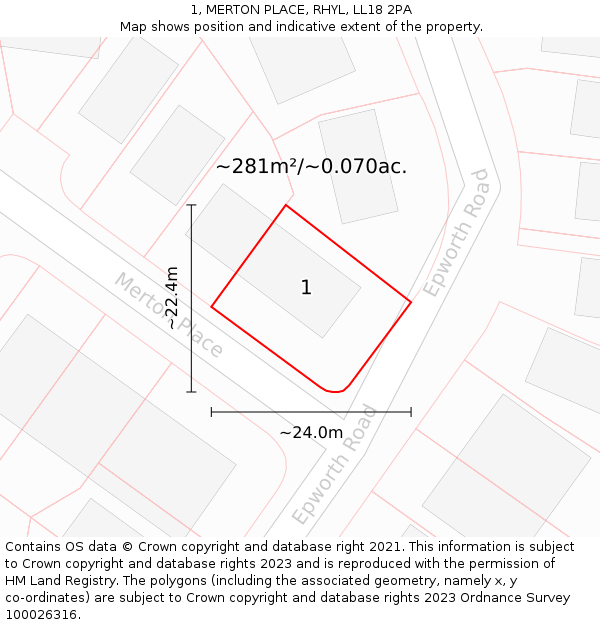 1, MERTON PLACE, RHYL, LL18 2PA: Plot and title map